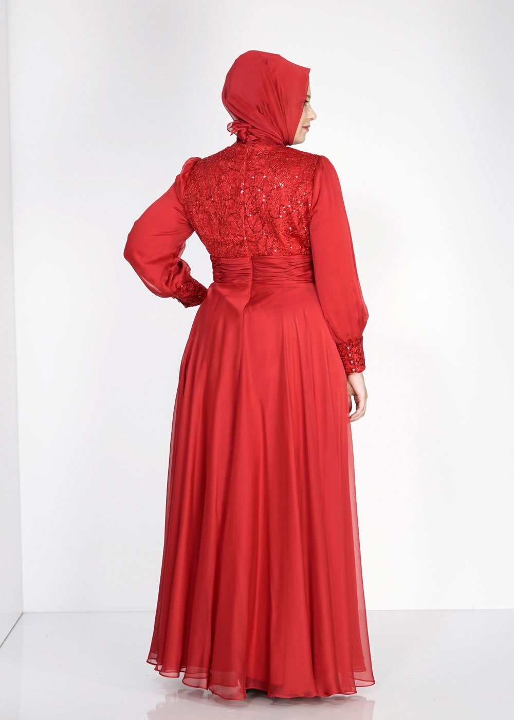 Tesettür giyim KIRMIZI 5021 Fransız Şifon Tesettür Abiye