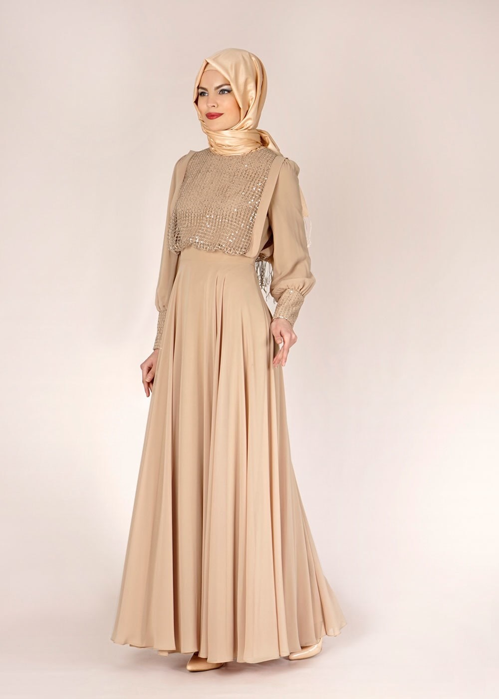 Tesettür giyim BEJ 5022 New Multi Şifon Tesettür Elbise