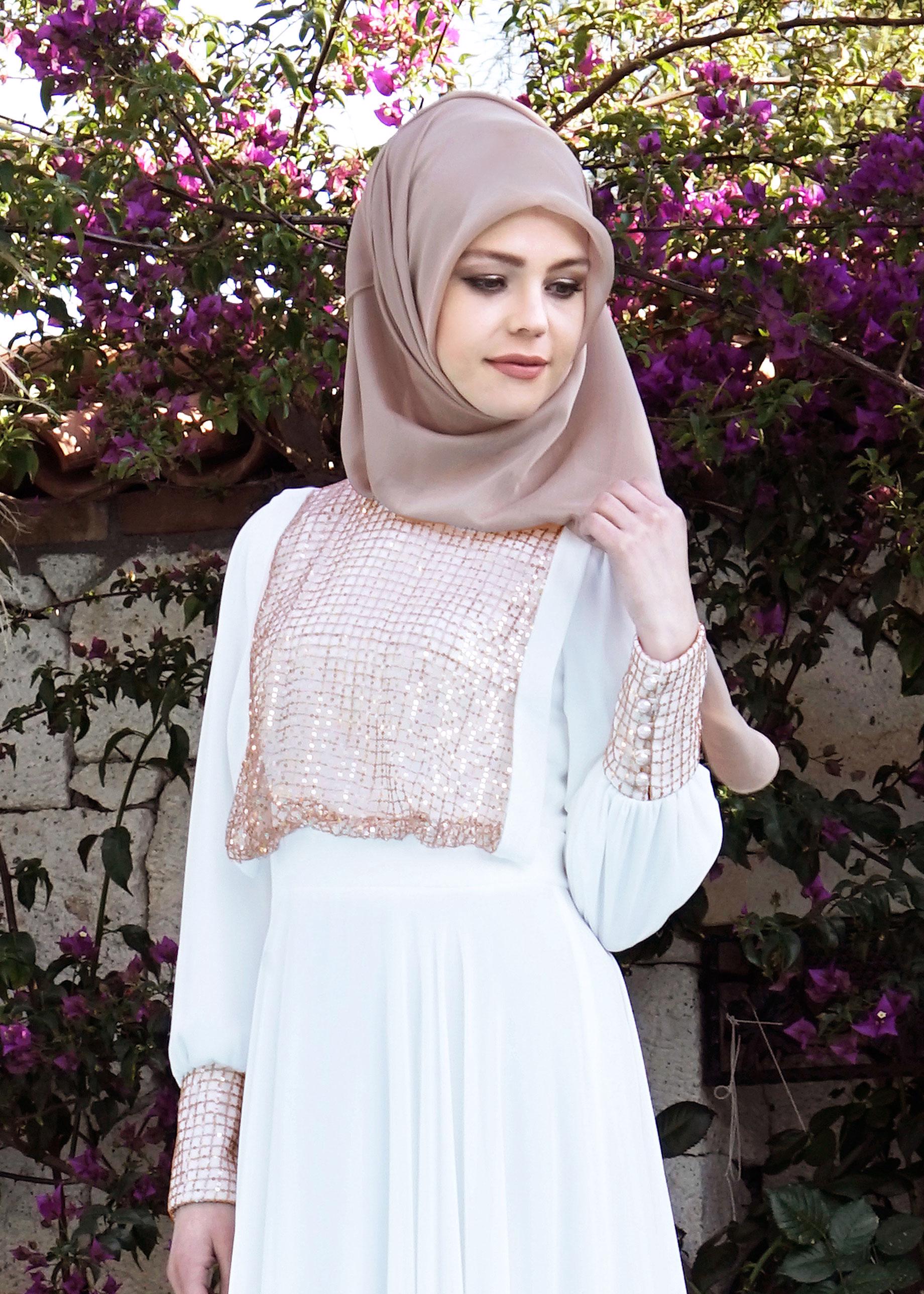 Tesettür giyim EKRU 5022 New Multi Şifon Tesettür Elbise