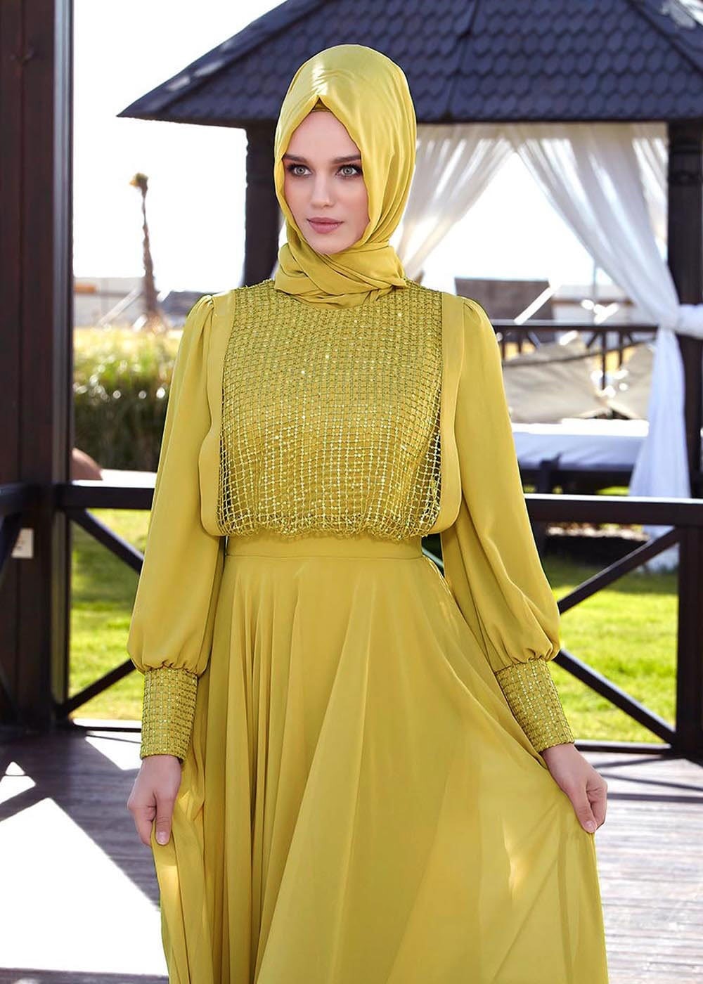 Tesettür giyim YEŞİL 5022 New Multi Şifon Tesettür Elbise