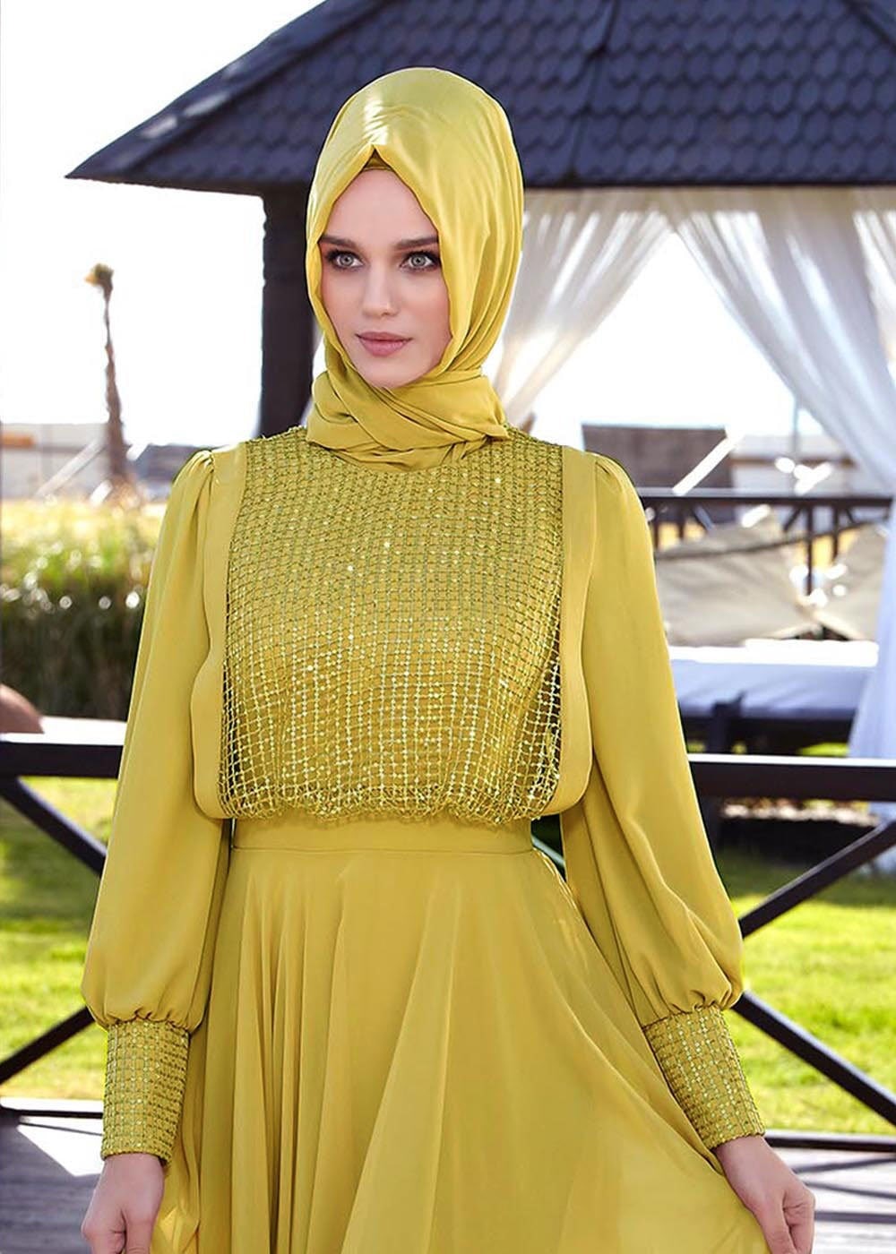 Tesettür giyim YEŞİL 5022 New Multi Şifon Tesettür Elbise