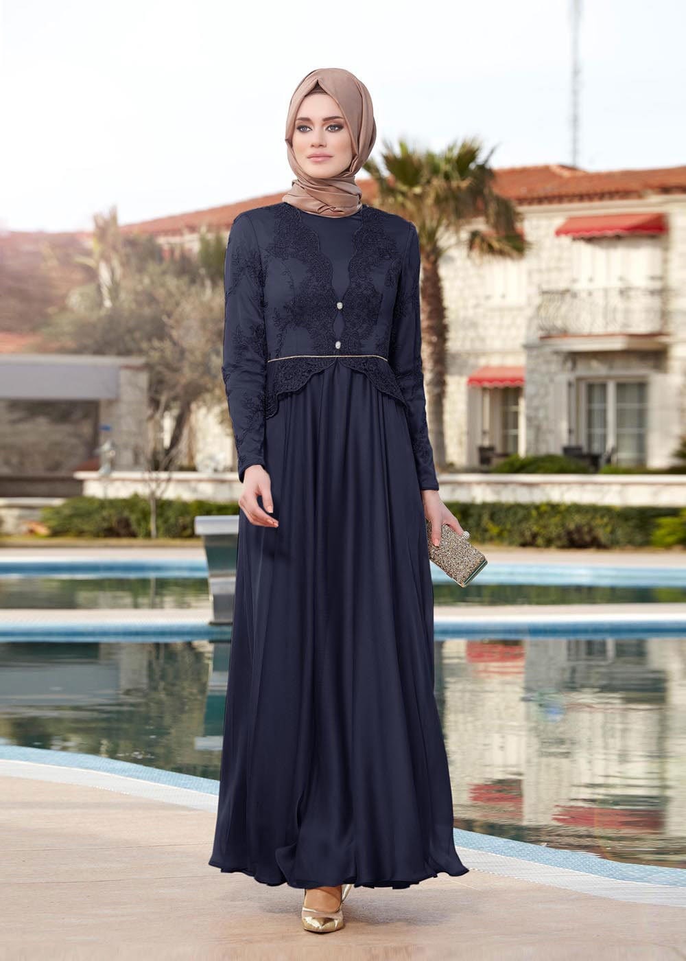 Tesettür giyim LACİVERT İŞLEMELİ TAŞ DETAYLI ABİYE ELBİSE 5033