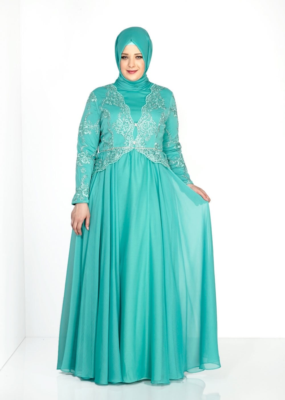 Tesettür giyim YEŞİL 5034 Brode Tesettür Abiye