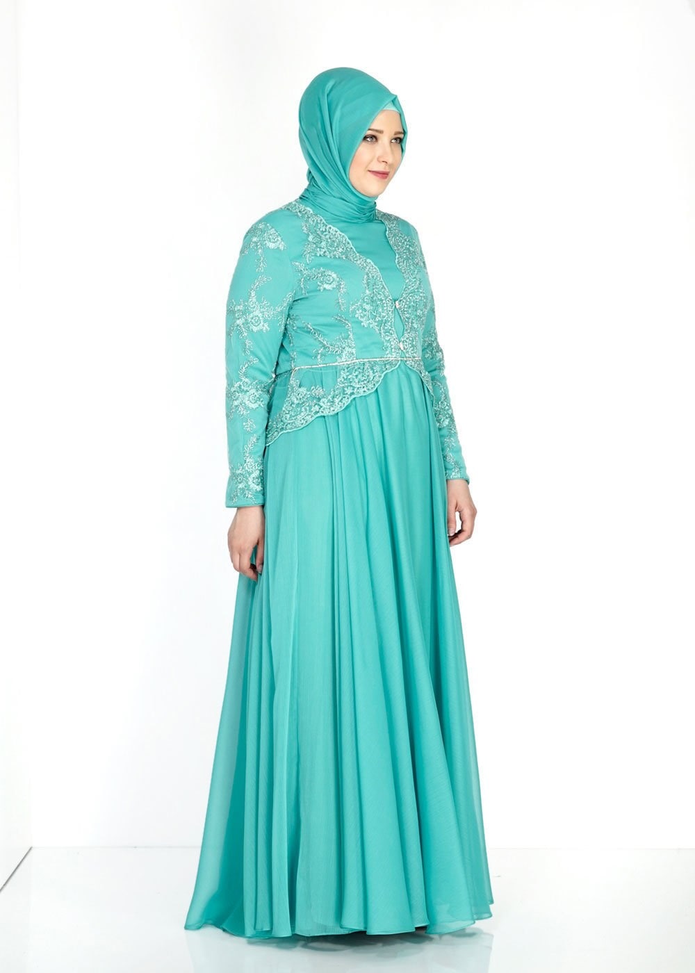 Tesettür giyim YEŞİL 5034 Brode Tesettür Abiye