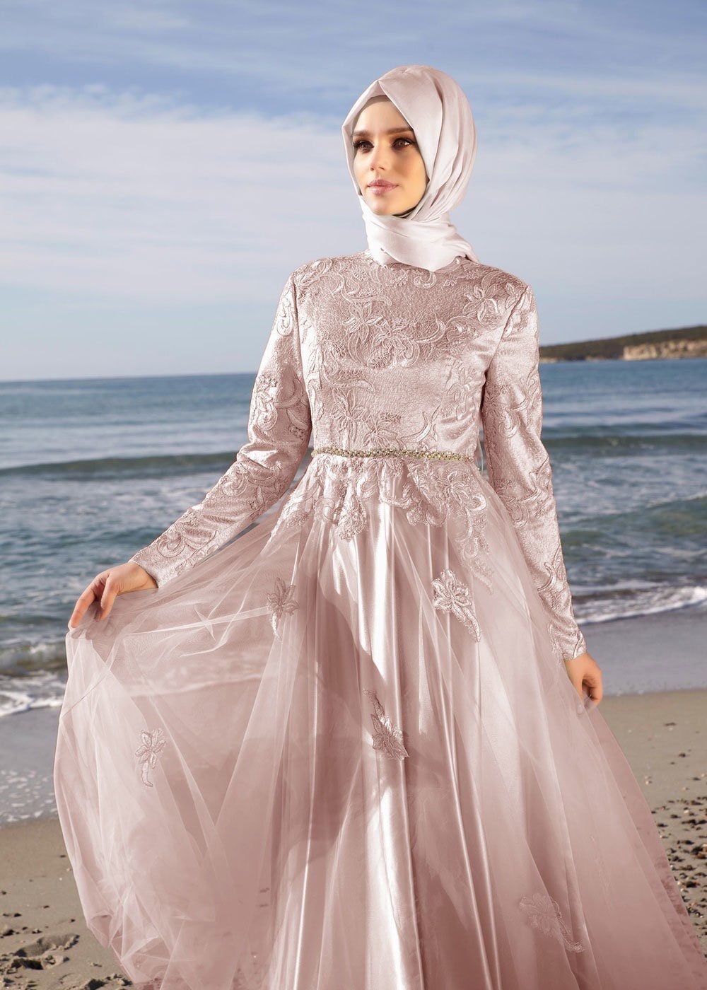 Tesettür giyim PUDRA 5035 Moss Kordone Tesettür Abiye