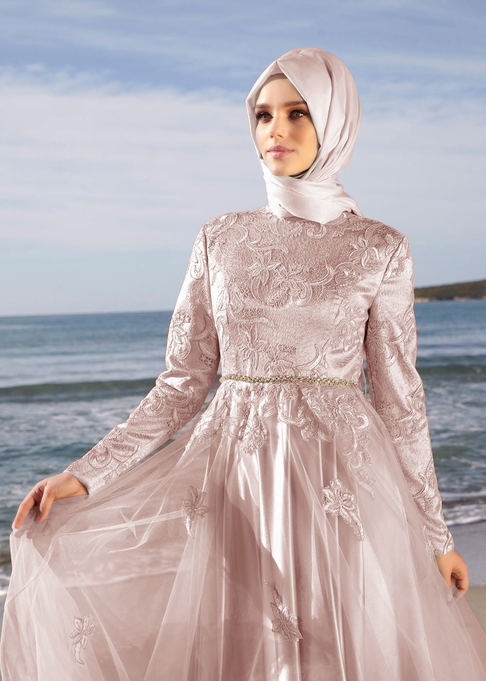 Tesettür giyim PUDRA 5035 Moss Kordone Tesettür Abiye