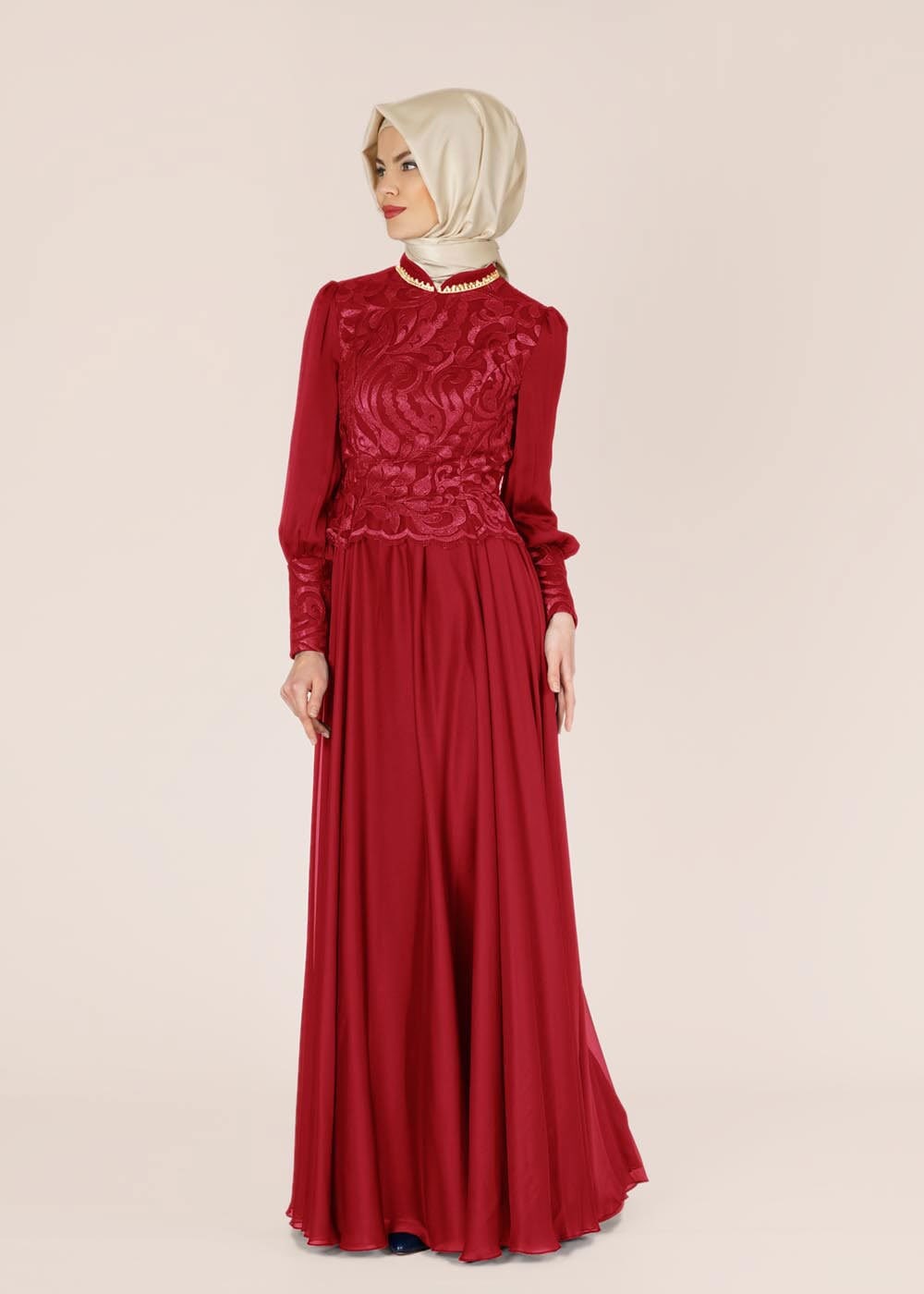 Tesettür giyim KIRMIZI DESENLİ ŞİFON ABİYE ELBİSE 5036