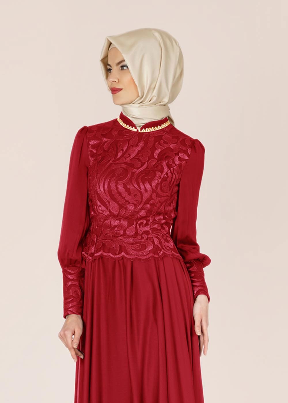 Tesettür giyim KIRMIZI DESENLİ ŞİFON ABİYE ELBİSE 5036