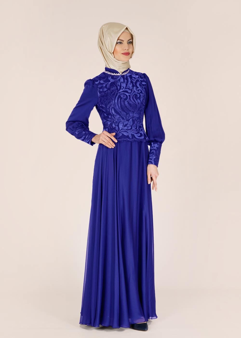 Tesettür giyim LACİVERT DESENLİ ŞİFON ABİYE ELBİSE 5036