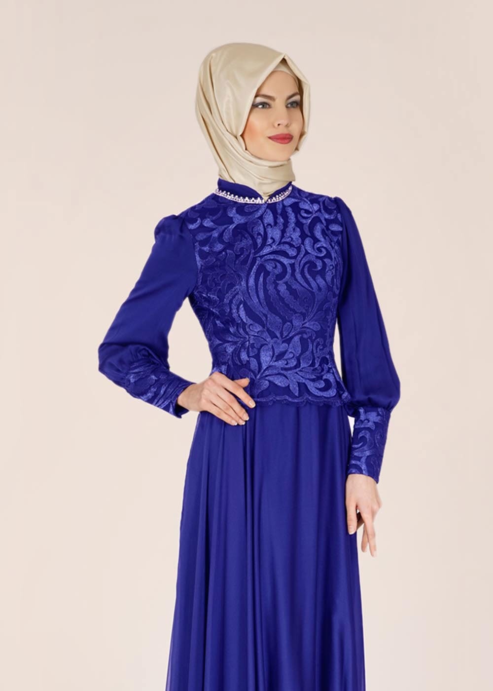 Tesettür giyim LACİVERT DESENLİ ŞİFON ABİYE ELBİSE 5036