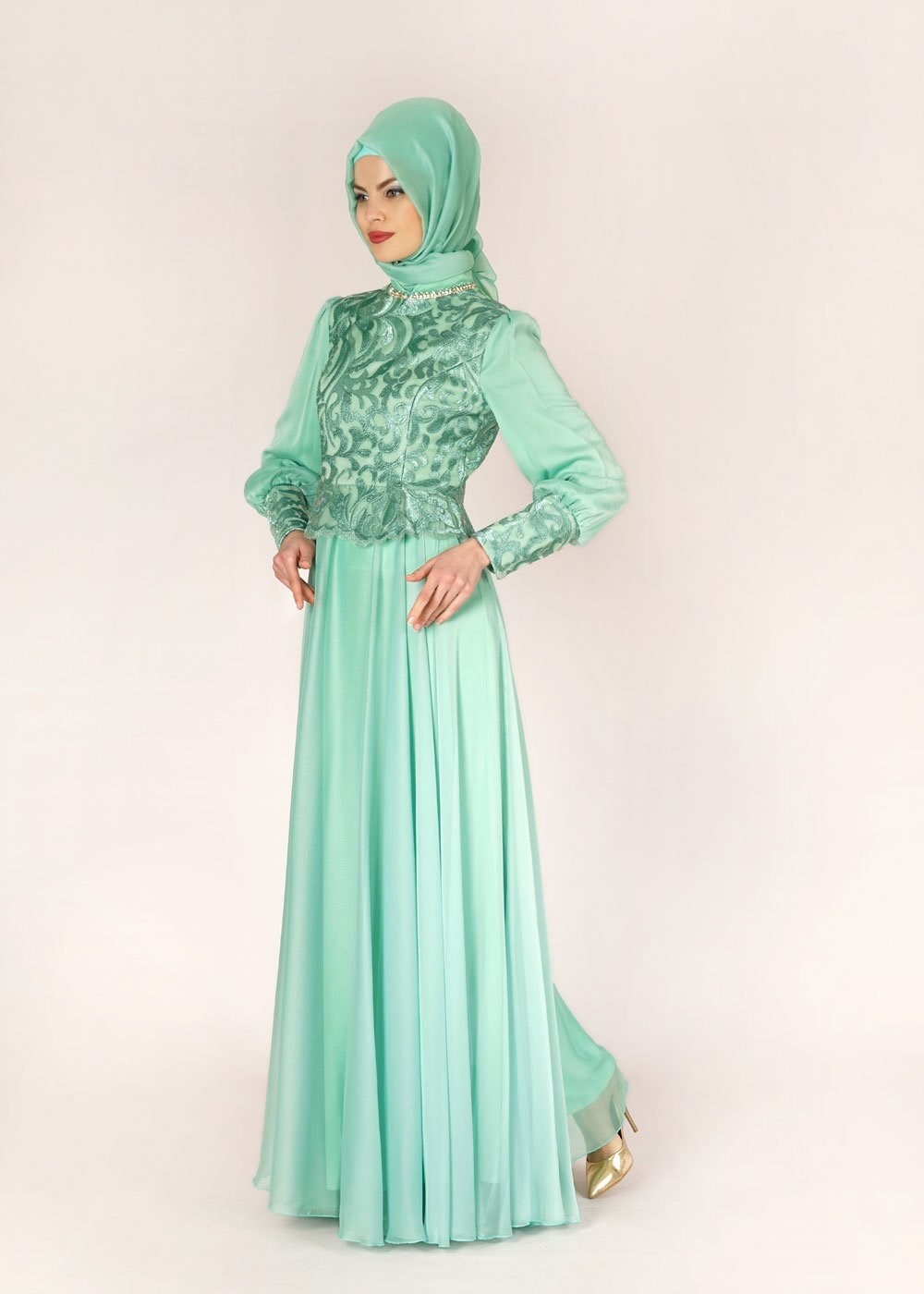Tesettür giyim YEŞİL DESENLİ ŞİFON ABİYE ELBİSE 5036