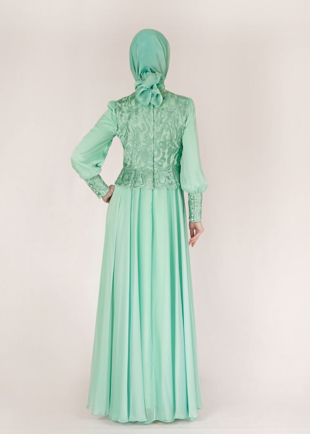 Tesettür giyim YEŞİL DESENLİ ŞİFON ABİYE ELBİSE 5036