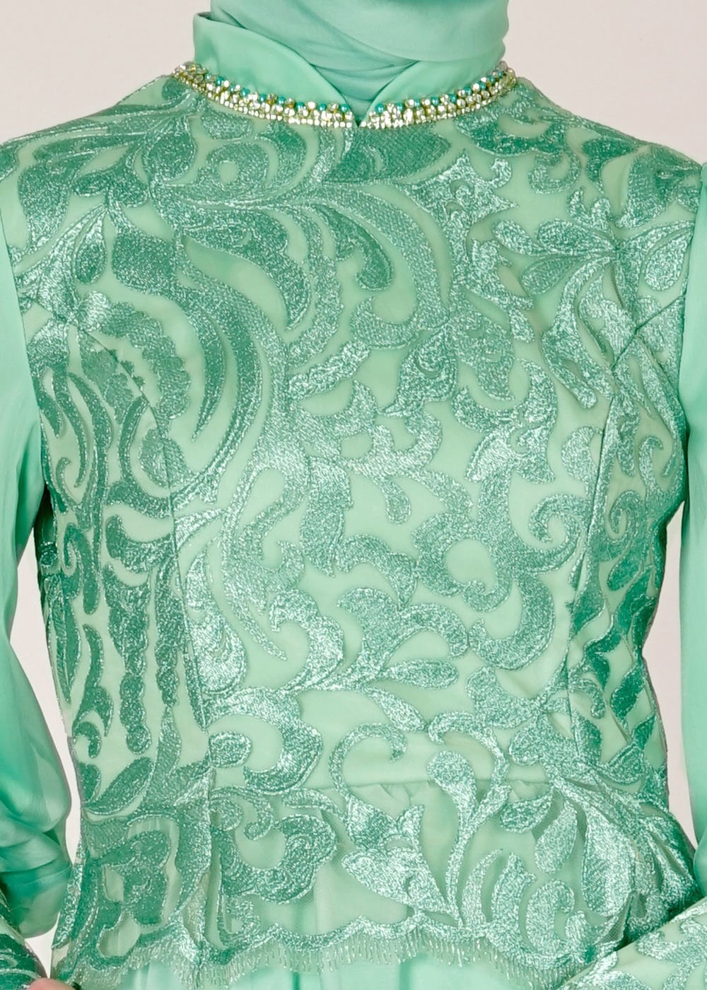 Tesettür giyim YEŞİL DESENLİ ŞİFON ABİYE ELBİSE 5036