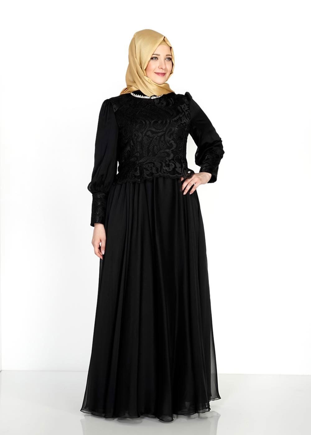 Tesettür giyim SİYAH ŞİFON ABİYE ELBİSE 5037