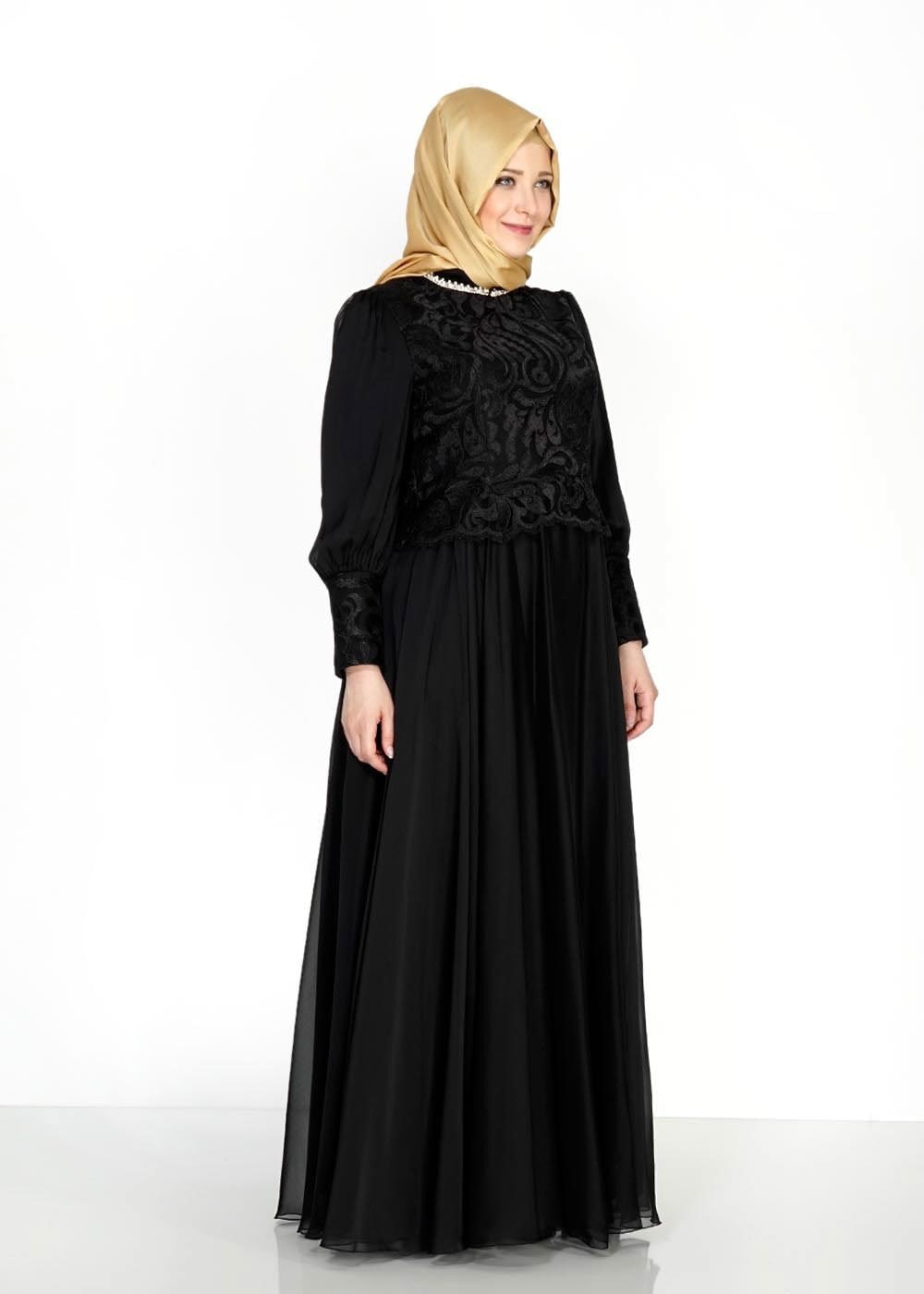 Tesettür giyim SİYAH ŞİFON ABİYE ELBİSE 5037