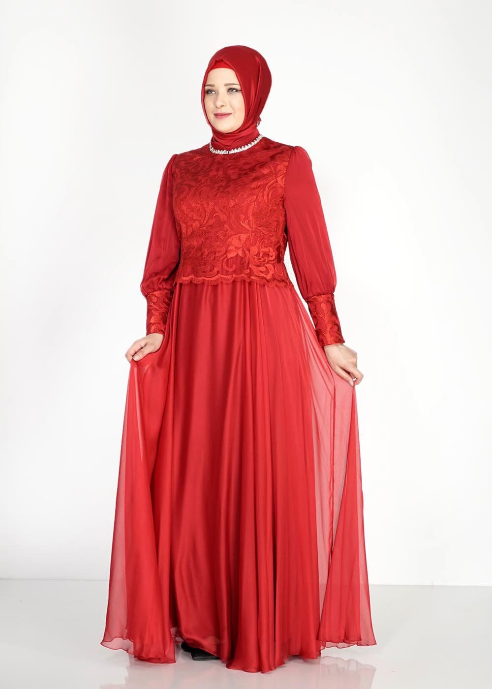 Tesettür giyim KIRMIZI ŞİFON ABİYE ELBİSE 5037