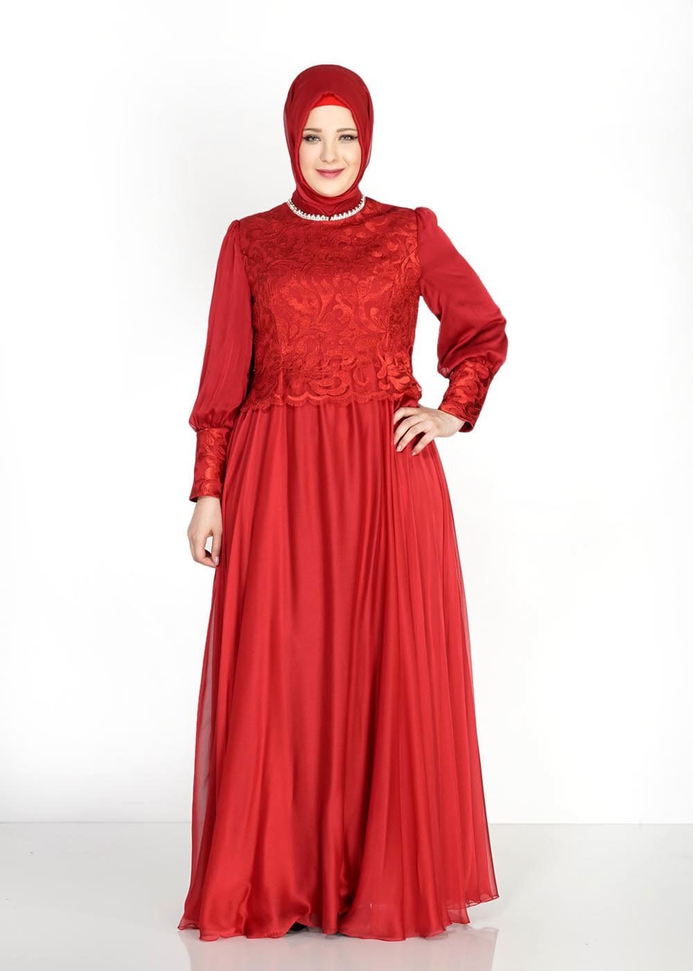 Tesettür giyim KIRMIZI ŞİFON ABİYE ELBİSE 5037
