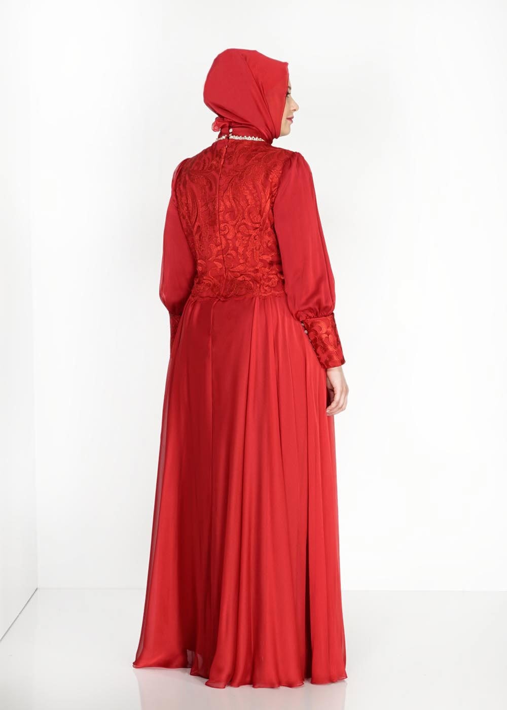 Tesettür giyim KIRMIZI ŞİFON ABİYE ELBİSE 5037
