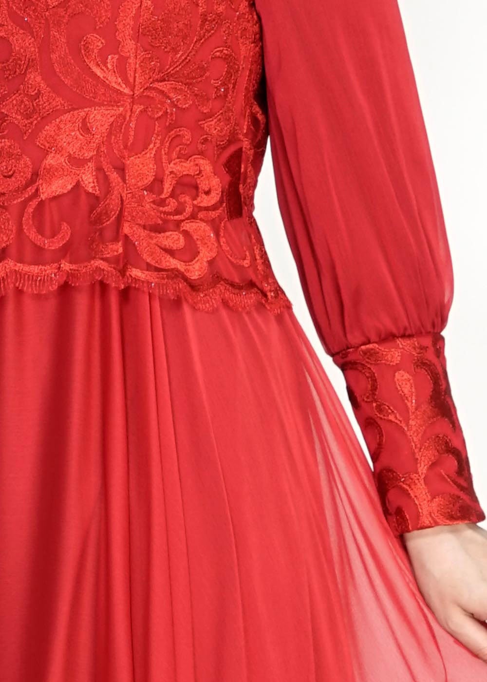 Tesettür giyim KIRMIZI ŞİFON ABİYE ELBİSE 5037