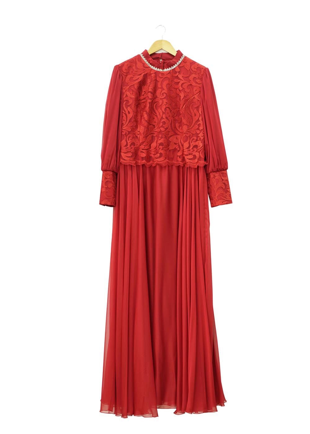 Tesettür giyim KIRMIZI ŞİFON ABİYE ELBİSE 5037