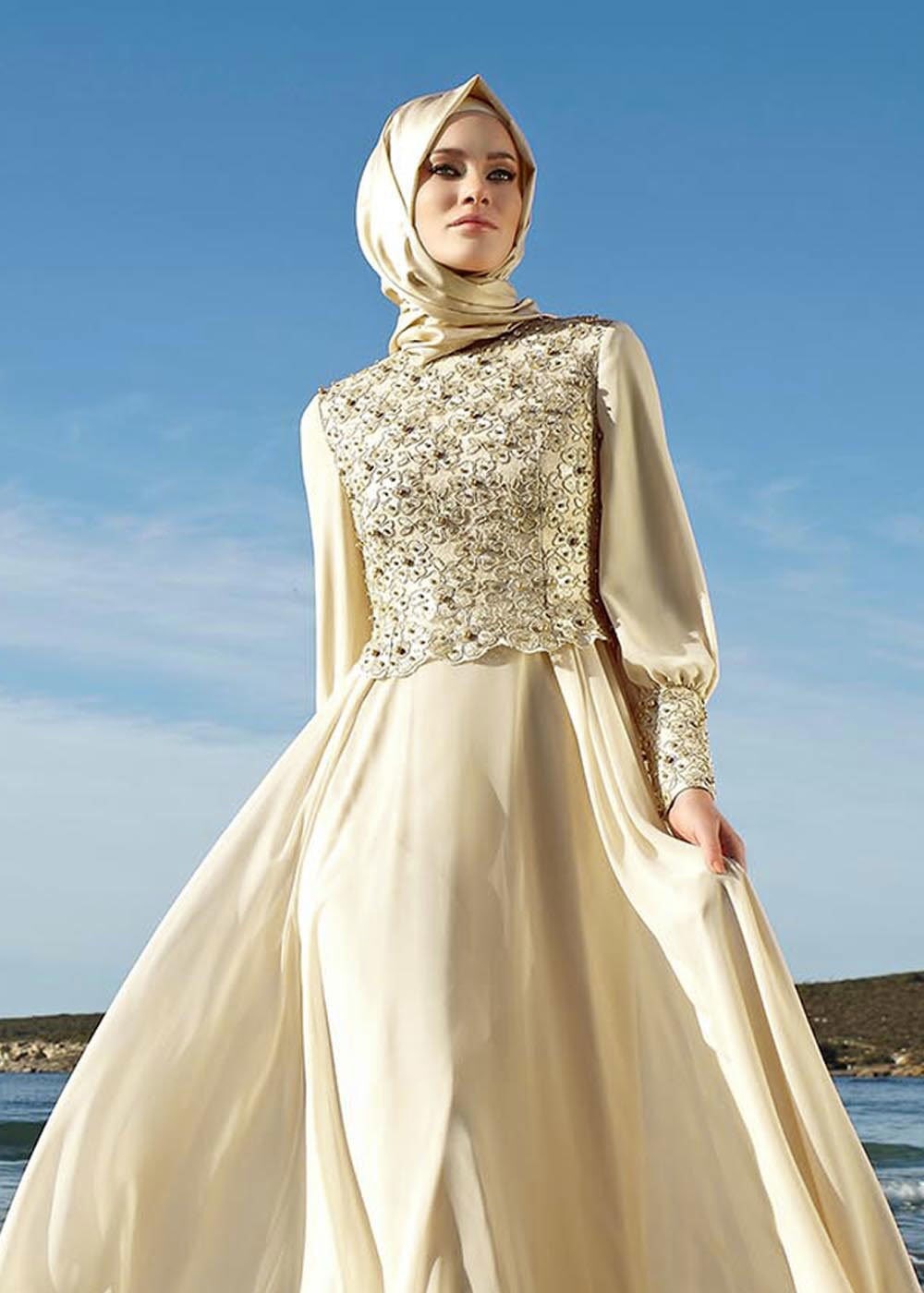 Tesettür giyim BEJ İŞLEMELİ TAŞ DETAYLI ABİYE ELBİSE 5048