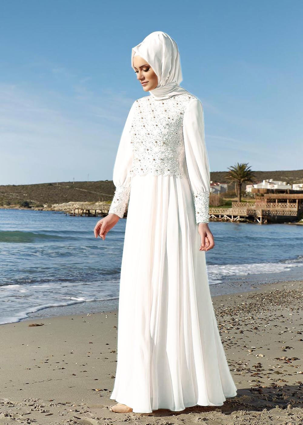 Tesettür giyim BEYAZ İŞLEMELİ TAŞ DETAYLI ABİYE ELBİSE 5048