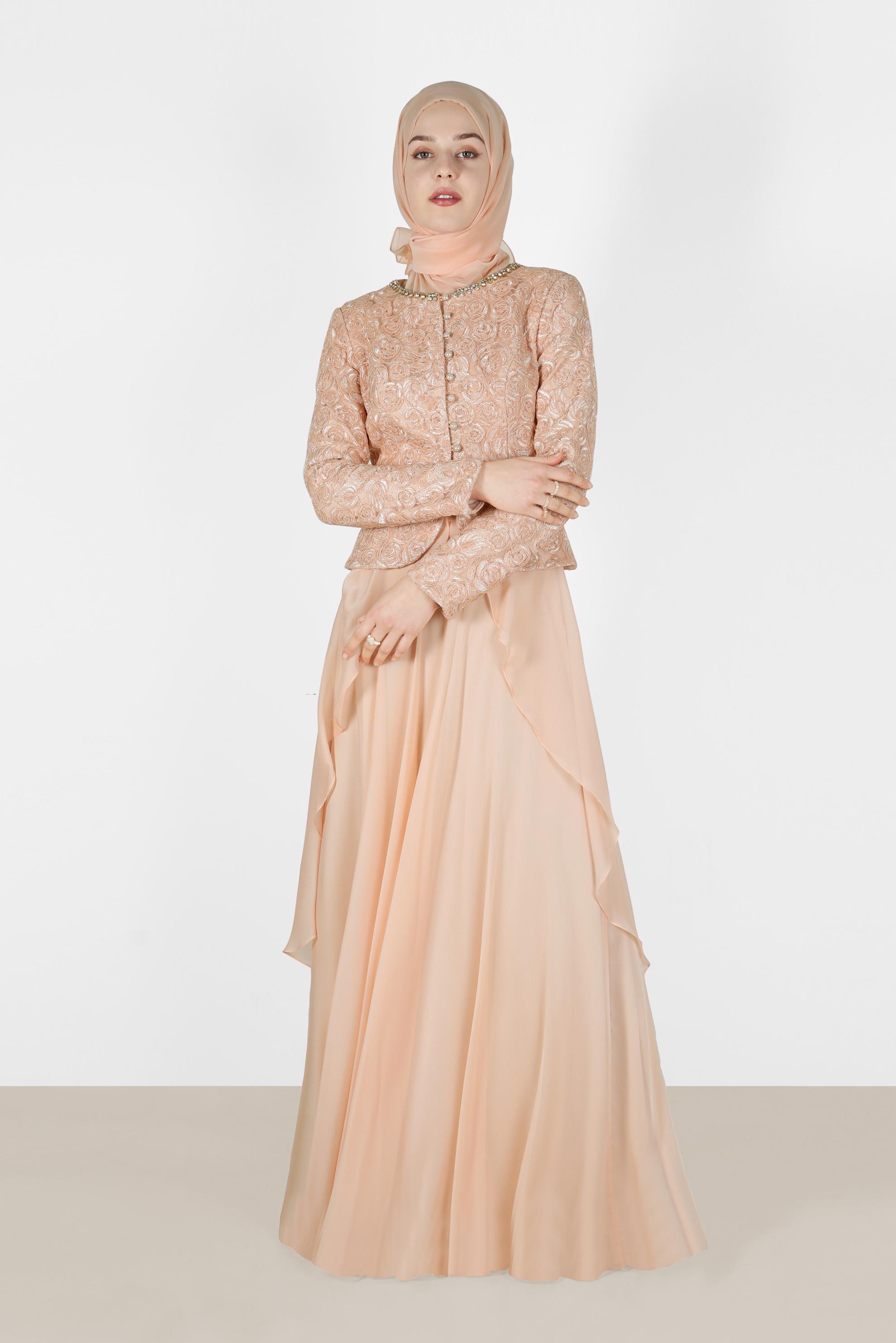 Tesettür giyim PUDRA TAŞ İŞLEMELİ DÜĞMELİ ŞİFON ABİYE ELBİSE 5051