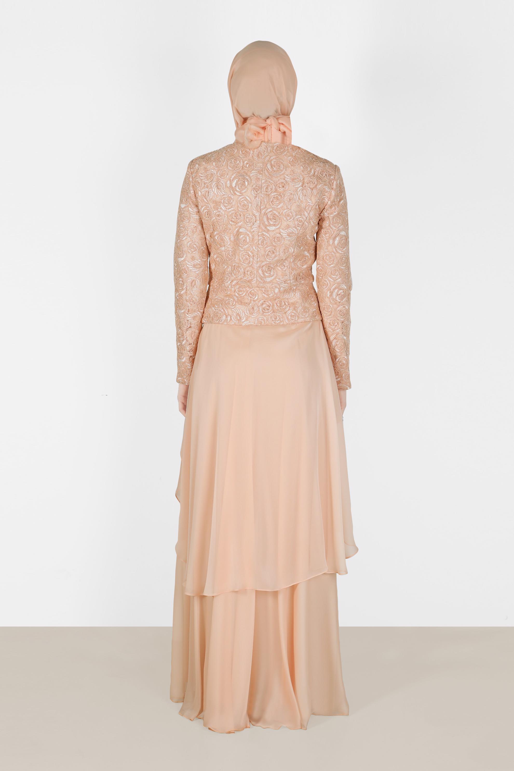 Tesettür giyim PUDRA TAŞ İŞLEMELİ DÜĞMELİ ŞİFON ABİYE ELBİSE 5051