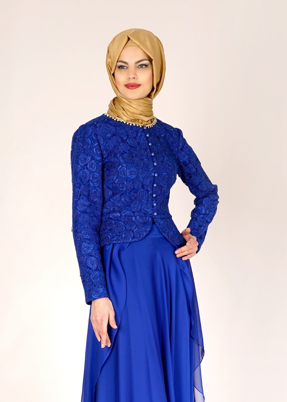 Tesettür giyim MAVİ TAŞ İŞLEMELİ DÜĞMELİ ŞİFON ABİYE ELBİSE 5051