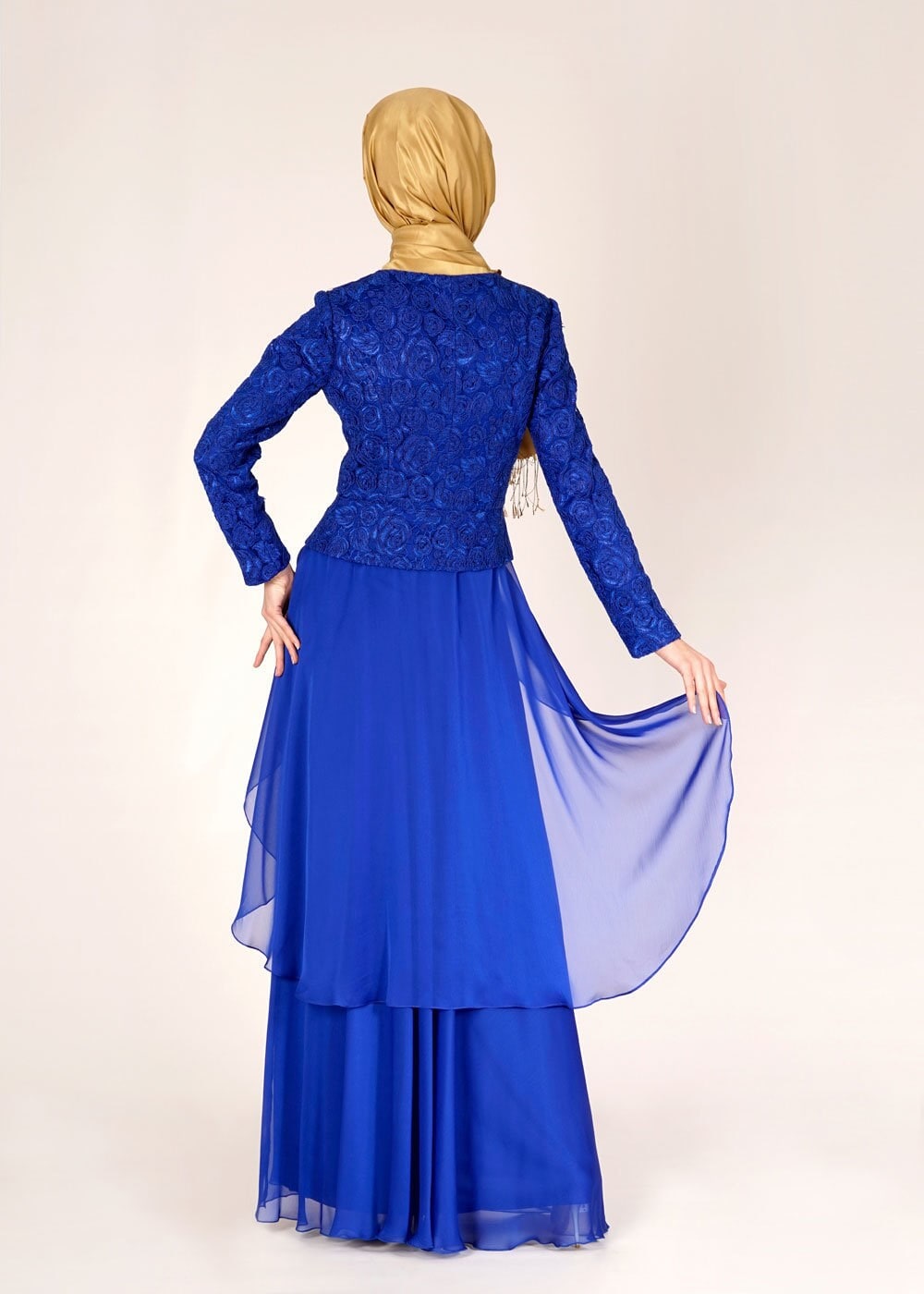 Tesettür giyim MAVİ TAŞ İŞLEMELİ DÜĞMELİ ŞİFON ABİYE ELBİSE 5051