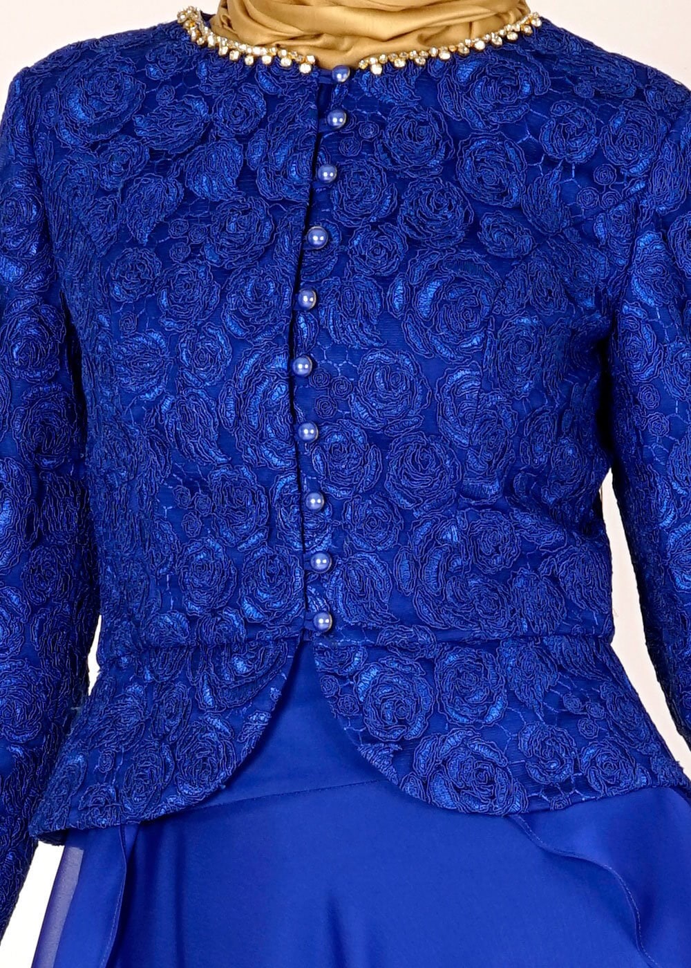 Tesettür giyim MAVİ TAŞ İŞLEMELİ DÜĞMELİ ŞİFON ABİYE ELBİSE 5051