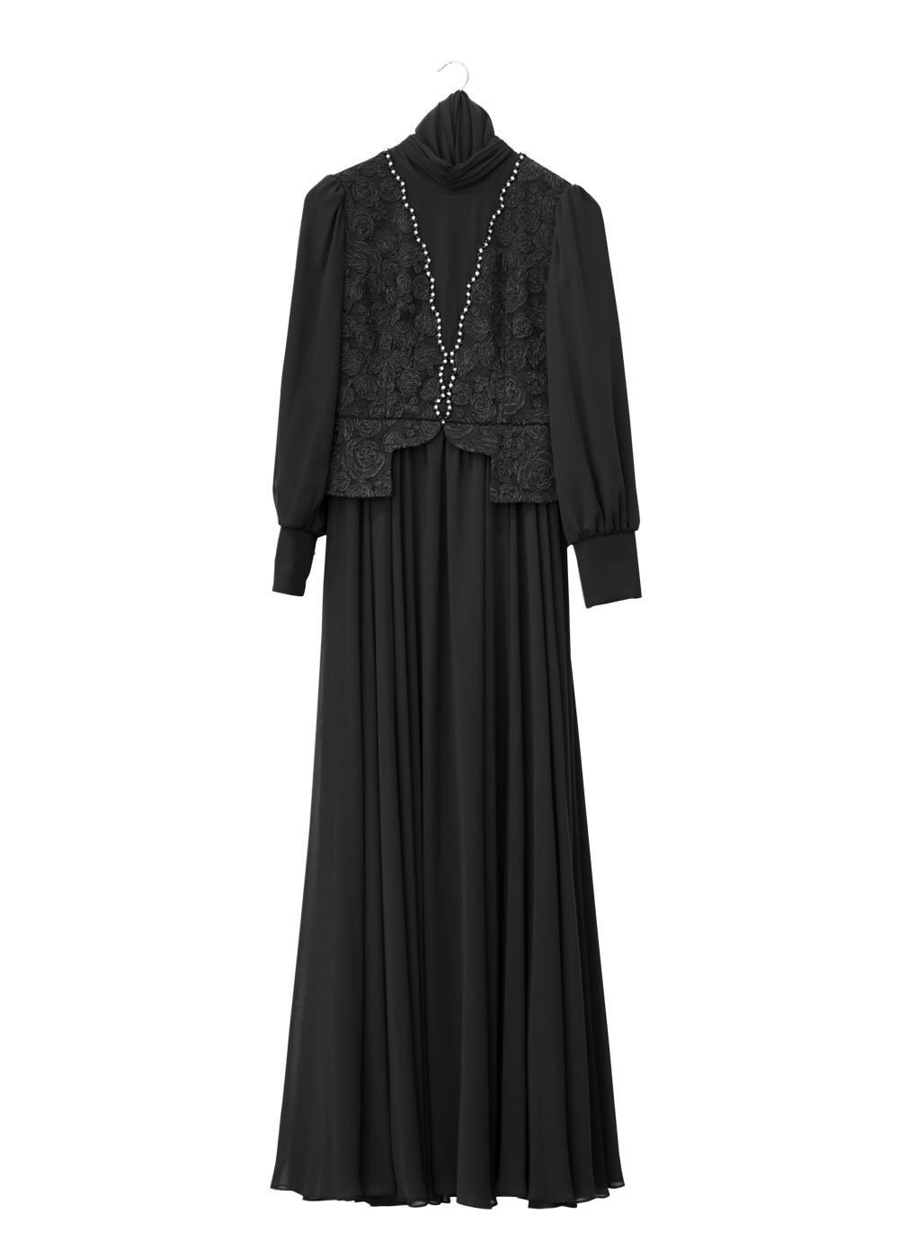 Tesettür giyim SİYAH İŞLEMELİ TAŞ DETAYLI ŞİFON ABİYE ELBİSE 5052  