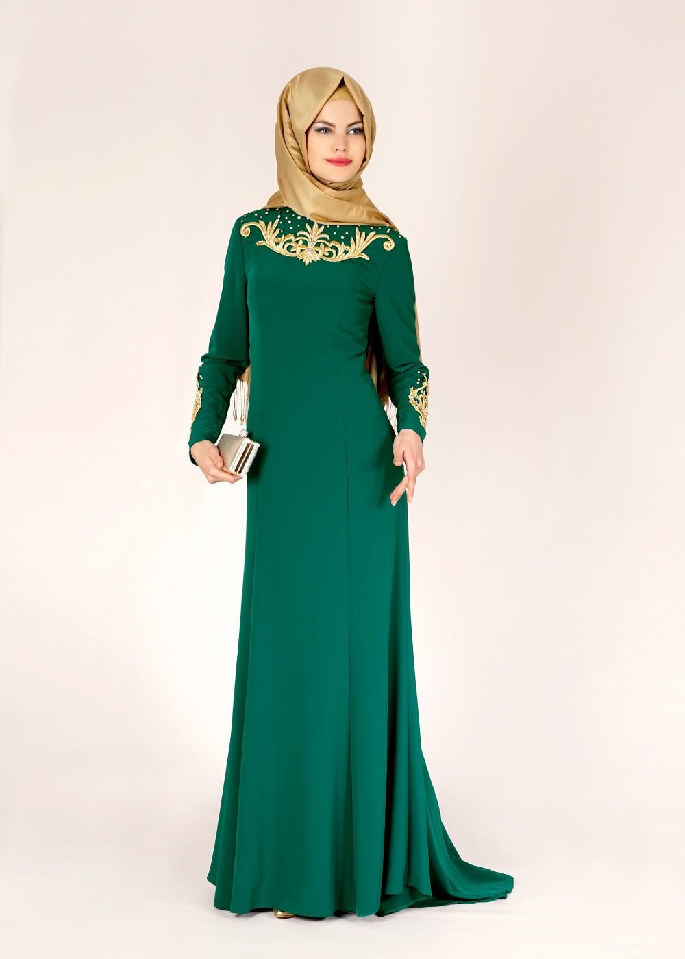 Tesettür giyim YEŞİL İŞLEME DETAYLI ABİYE ELBİSE 5057