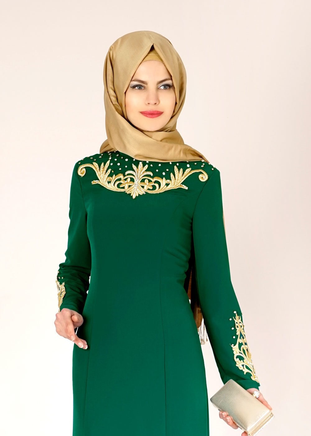 Tesettür giyim YEŞİL İŞLEME DETAYLI ABİYE ELBİSE 5057
