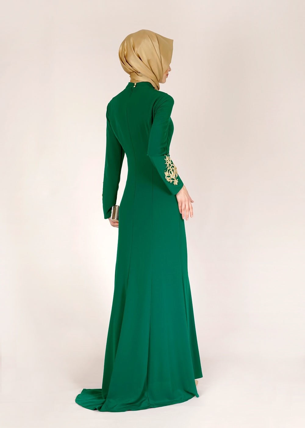 Tesettür giyim YEŞİL İŞLEME DETAYLI ABİYE ELBİSE 5057