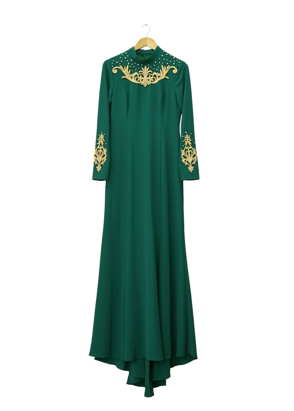 Tesettür giyim YEŞİL İŞLEME DETAYLI ABİYE ELBİSE 5057