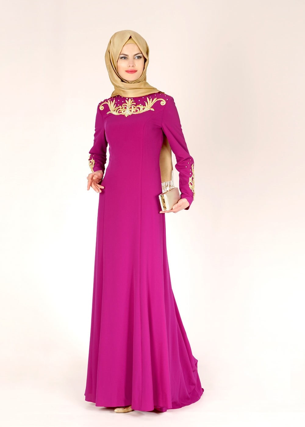 Tesettür giyim MOR İŞLEME DETAYLI ABİYE ELBİSE 5057
