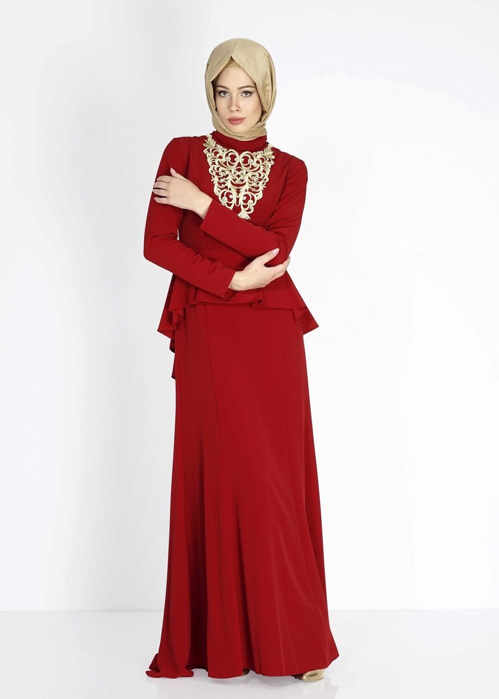 Tesettür giyim BORDO İŞLEME DETAYLI VOLANLI ABİYE 5059 
