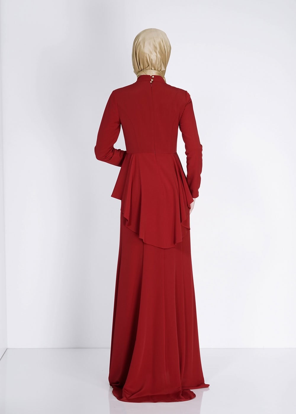 Tesettür giyim BORDO İŞLEME DETAYLI VOLANLI ABİYE 5059 