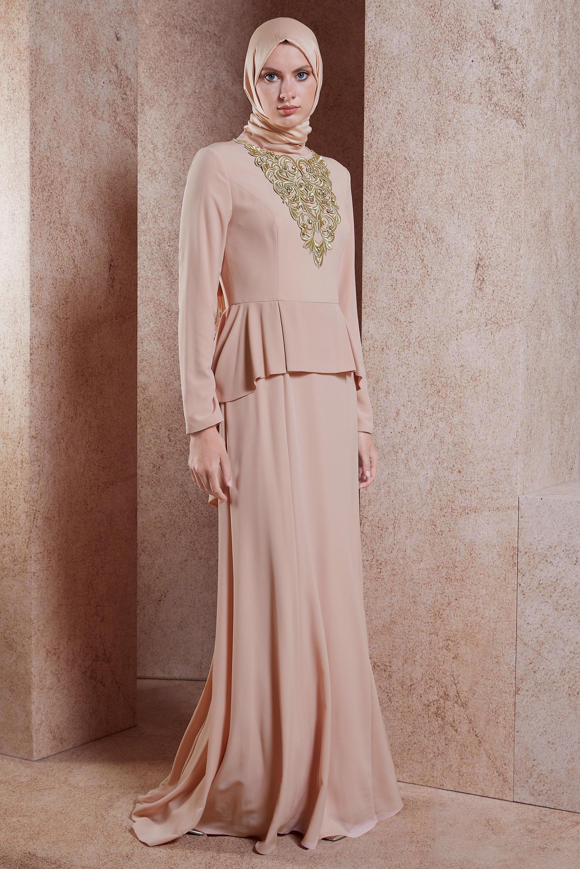 Tesettür giyim PUDRA İŞLEME DETAYLI VOLANLI ABİYE 5059 