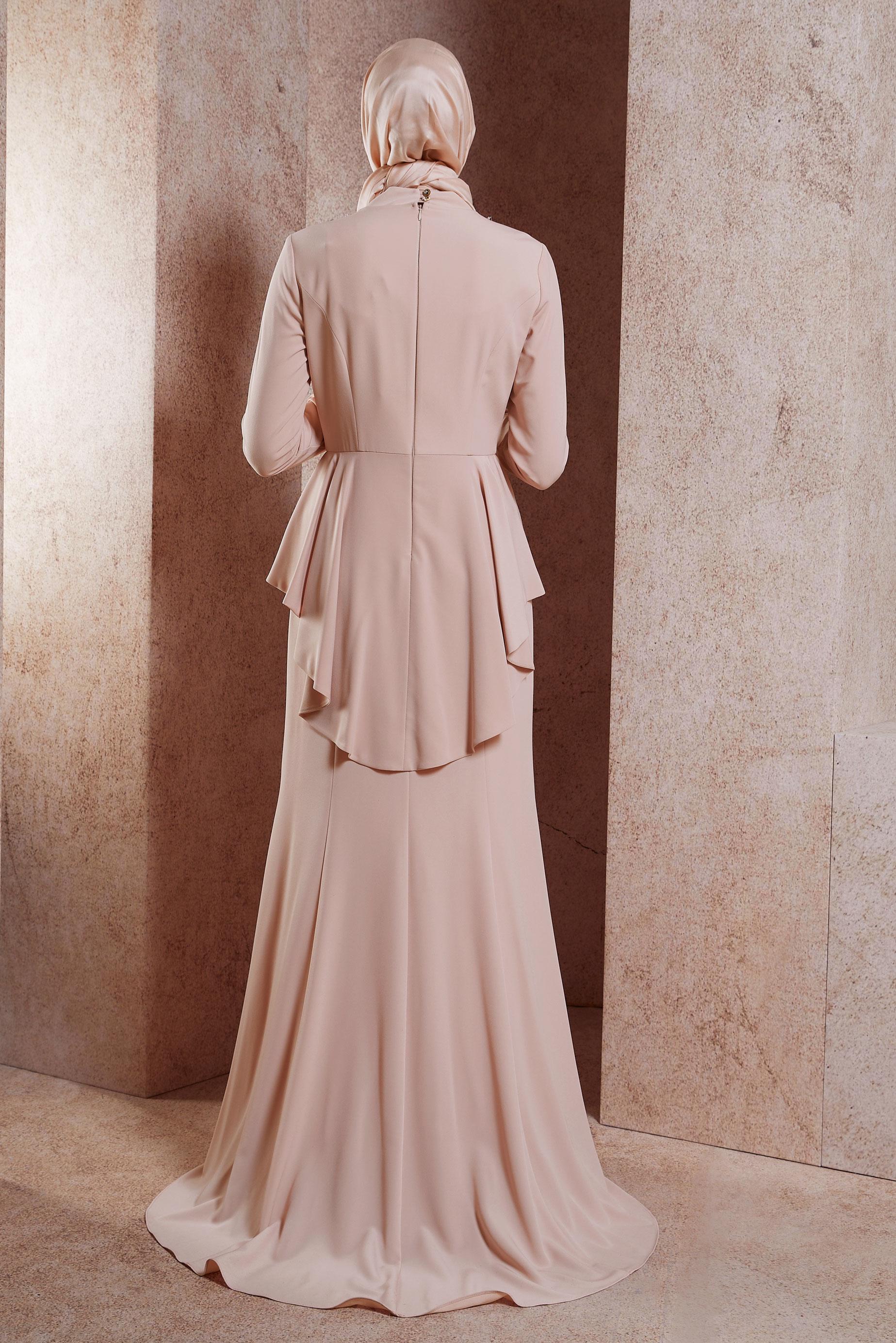Tesettür giyim PUDRA İŞLEME DETAYLI VOLANLI ABİYE 5059 