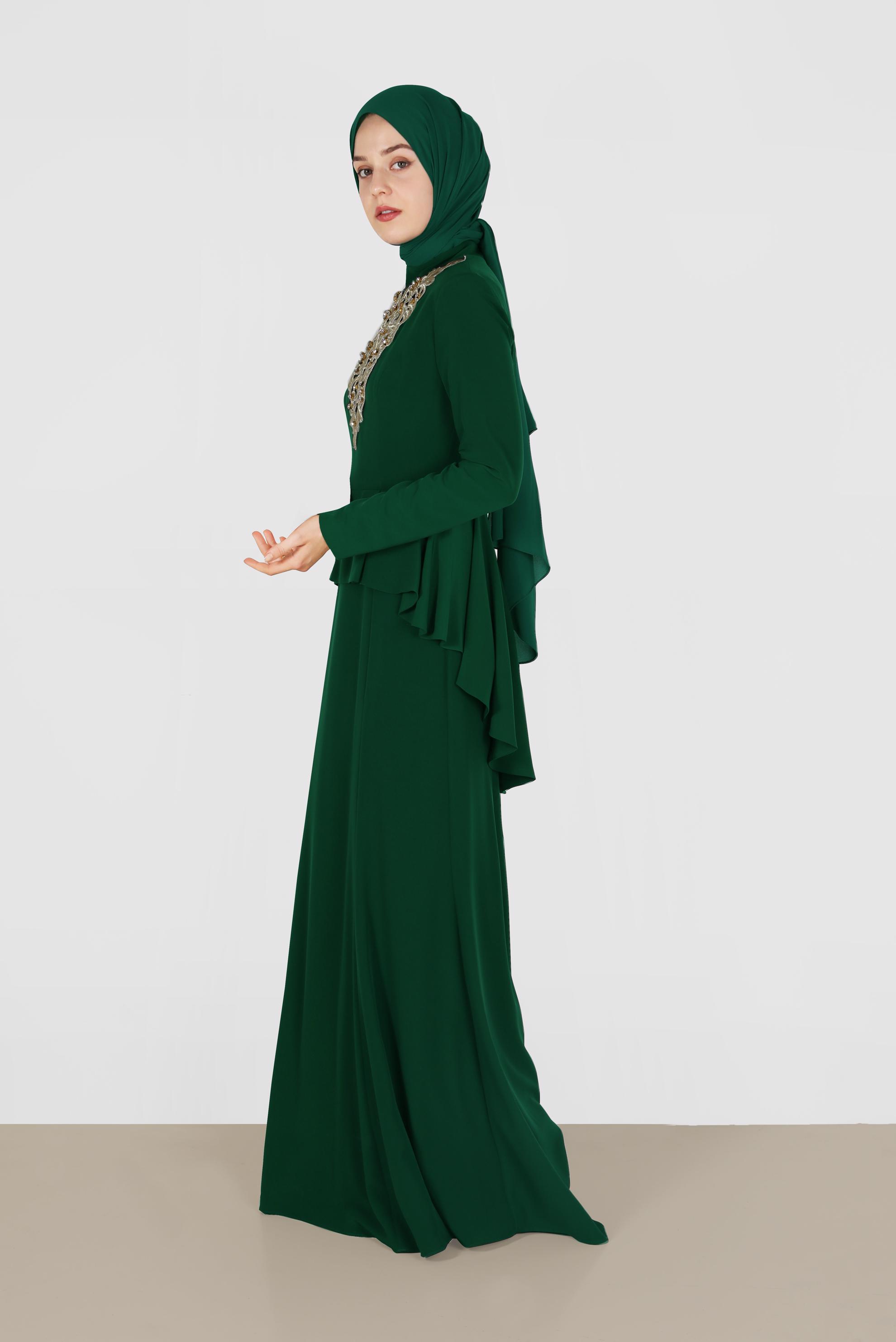 Tesettür giyim YEŞİL İŞLEME DETAYLI VOLANLI ABİYE 5059 