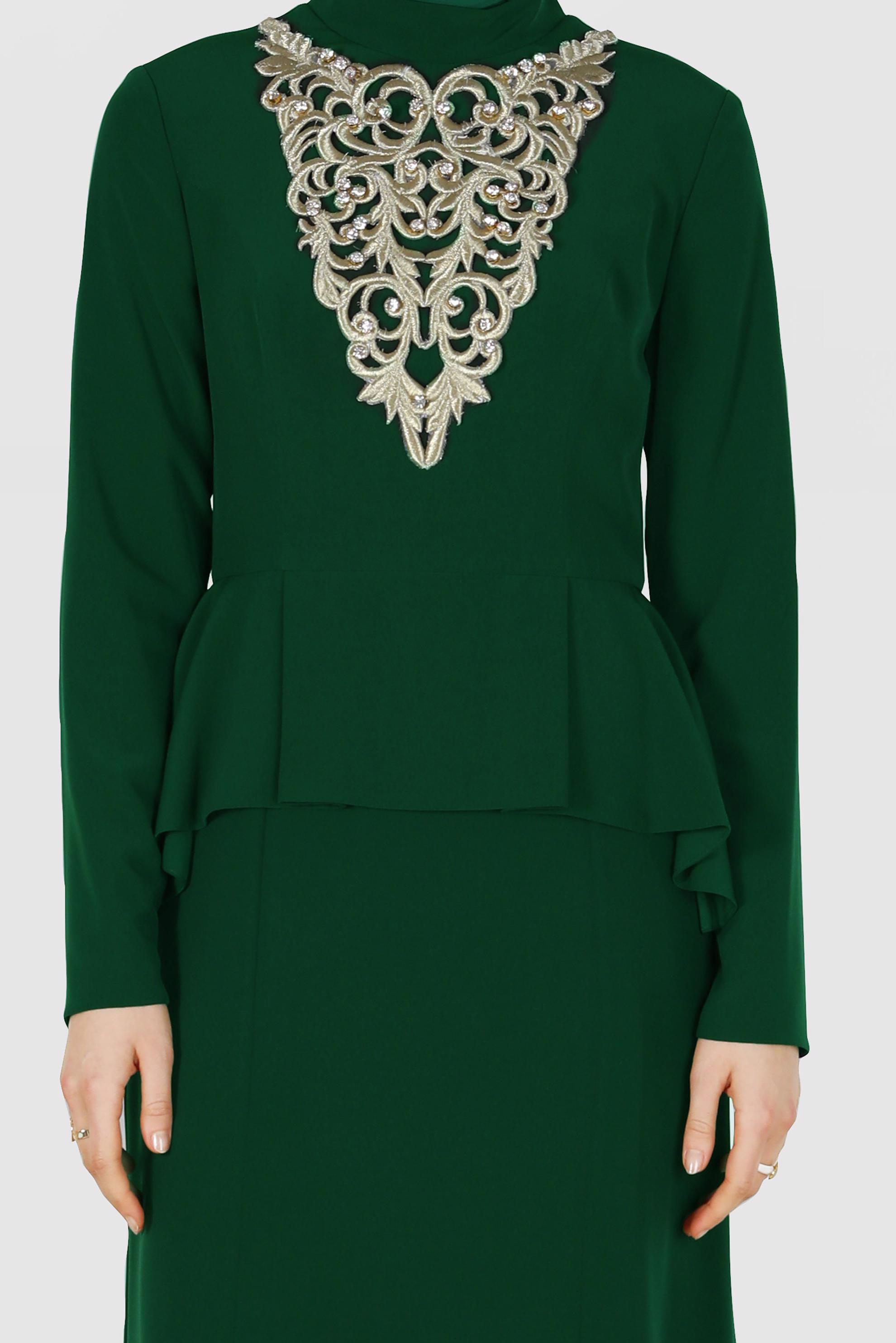 Tesettür giyim YEŞİL İŞLEME DETAYLI VOLANLI ABİYE 5059 