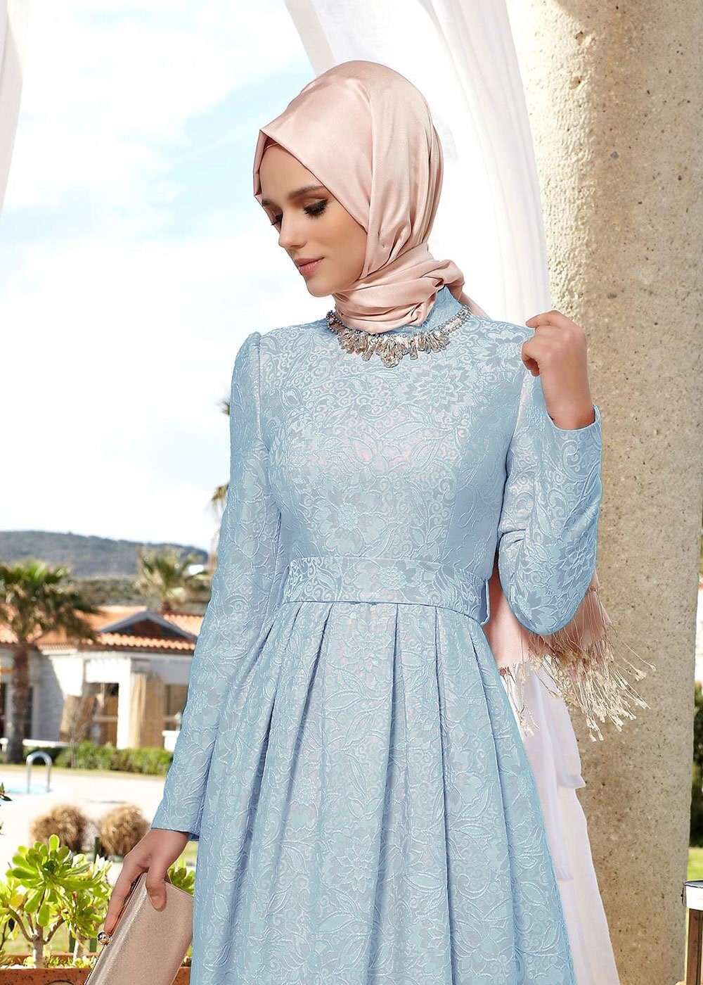 Tesettür giyim MAVİ 5061 Jakar Tesettür Abiye