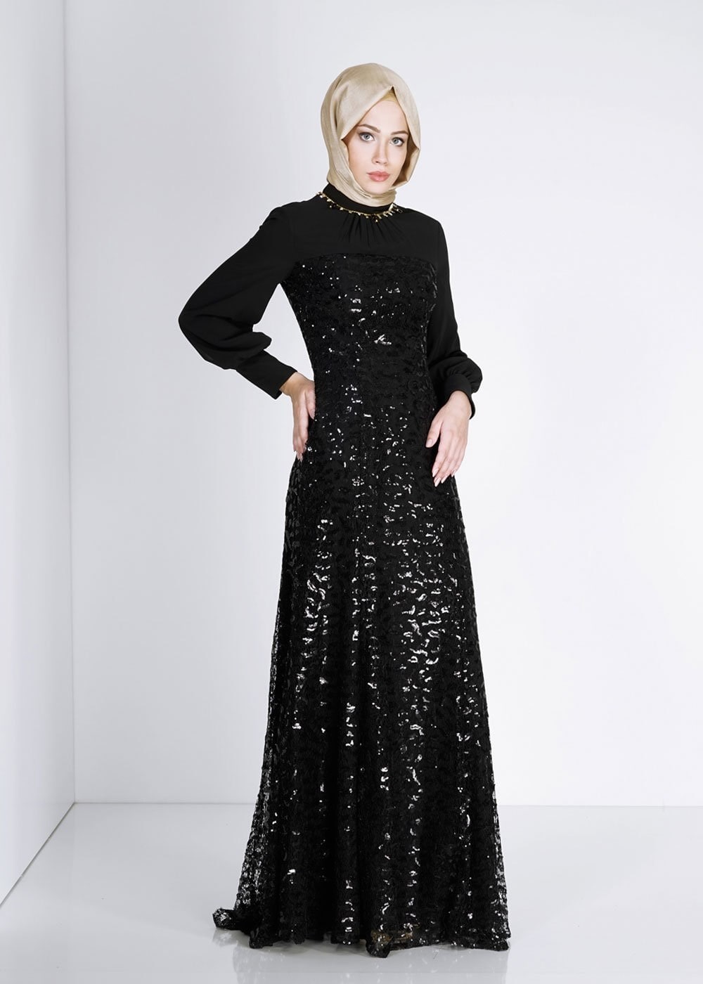 Tesettür giyim SİYAH 5063 New Multi Şifon Tesettür Abiye