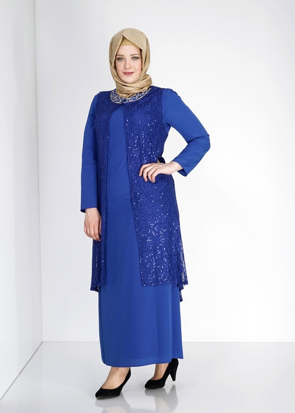 Tesettür giyim LACİVERT 5067 İndila 2Lİ Tesettür Elbiseli Abiye
