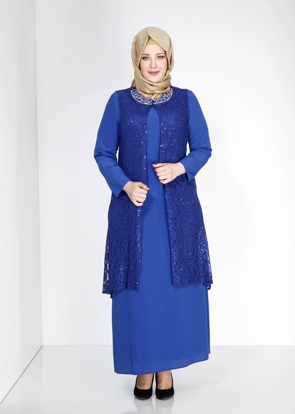 Tesettür giyim LACİVERT 5067 İndila 2Lİ Tesettür Elbiseli Abiye