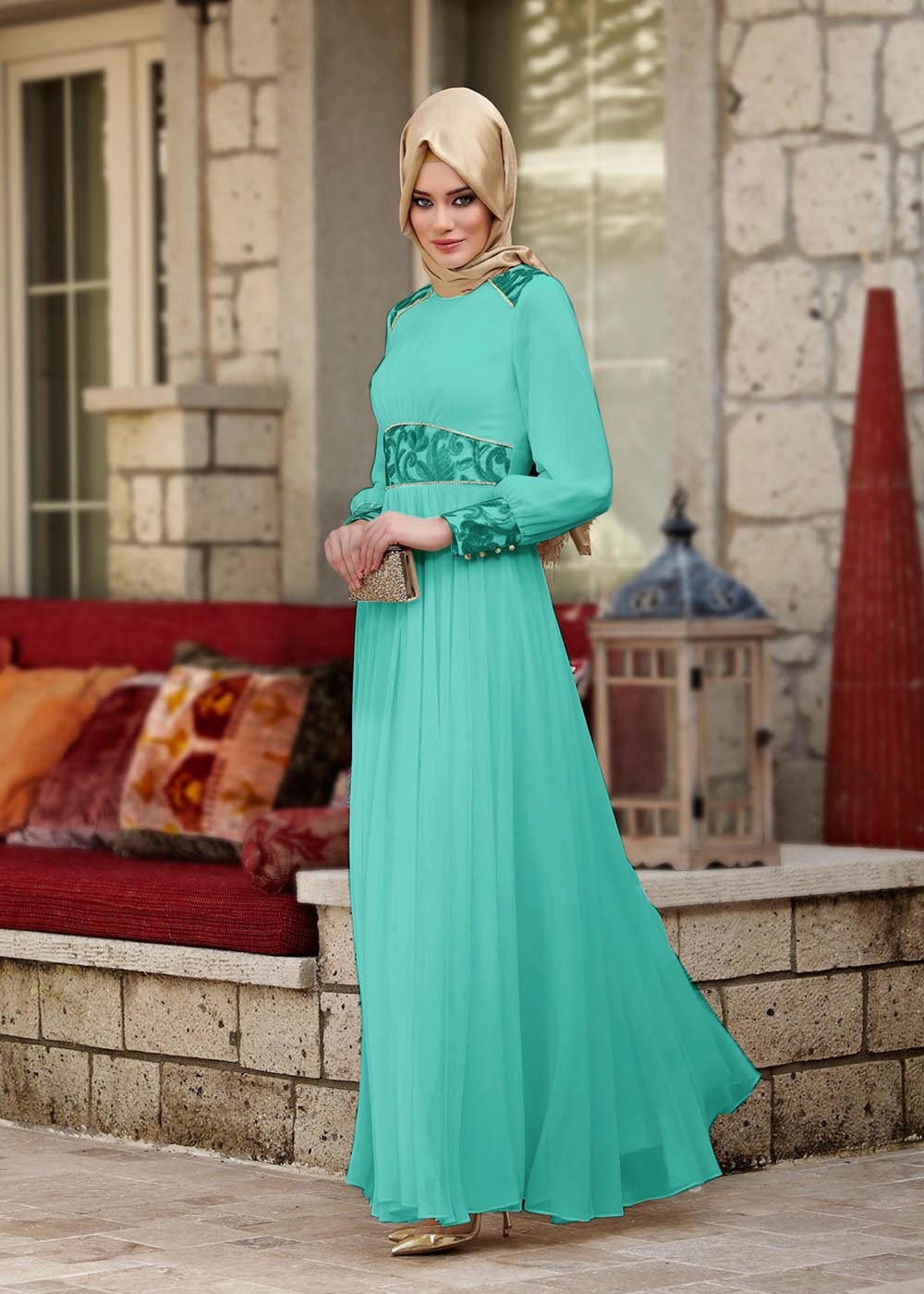 Tesettür giyim YEŞİL DANTEL DETAYLI TAŞ DÜĞMELİ ABİYE ELBİSE 5068