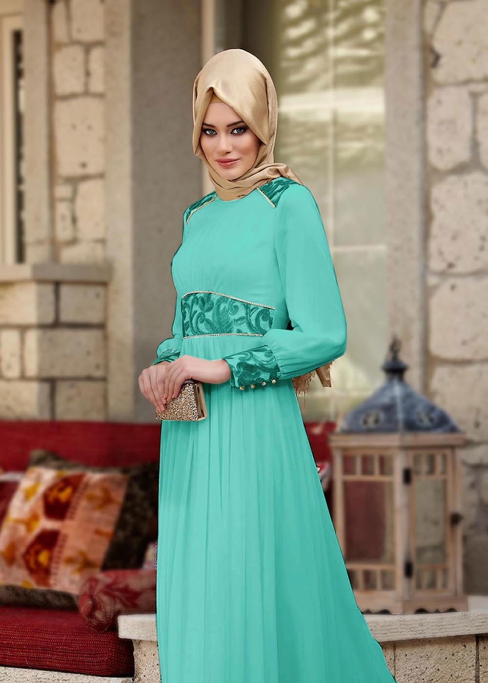 Tesettür giyim YEŞİL DANTEL DETAYLI TAŞ DÜĞMELİ ABİYE ELBİSE 5068