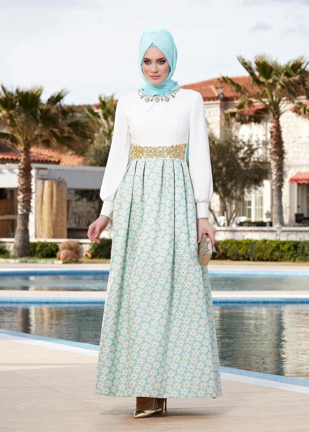 Tesettür giyim MAVİ DESENLİ İŞLEME DETAYLI ABİYE ELBİSE 5073